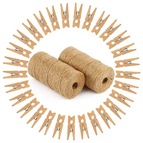 Vegena Garten Kordel mit 200 Wäscheklammern Holz, Kordel Schnur Set