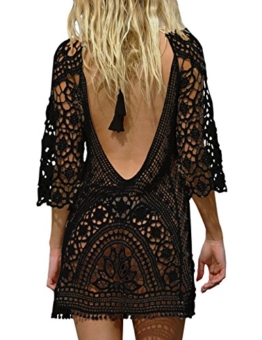BAISHENGGT Damen Boho Rückenfrei Spitze Bikini Cover Up Strandkleid Sommerkleid Schwarz One Size passt S-M - 1