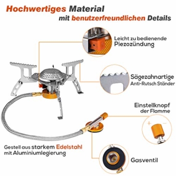 HIKENTURE Gaskocher mit Piezozündung, Gas Campingkocher für Coleman Primus Gasbrenner für Trekking Picknick Outdoor, Transportabler Camping Kocher, 3500W - 3