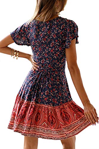 MisShow Damen Kleider mit Blüte Drucken Kurz Sommerkleid Strandkleider Cocktailkleid Gr. S - 2