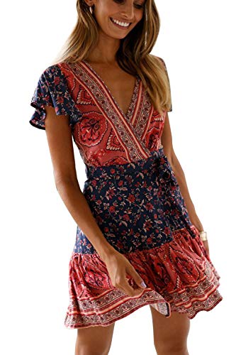 MisShow Damen Kleider mit Blüte Drucken Kurz Sommerkleid Strandkleider Cocktailkleid Gr. S - 1