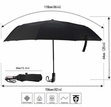 Regenschirm Taschenschirm, Bestico Winddicht Kompakt Regenschirm 210T Stof Teflon-Beschichtung, 10 Edelstahl-Rippen, Voll-automatischer Auf-Zu-Automatik Transportabel Schirm, 104cm (Schwarz) - 6