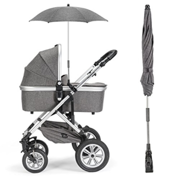 Universal Sonnenschirm Sonnenschutz für Kinderwagen & Buggy - UV Schutz 50+ / 73 cm Durchmesser / biegsam / Universalhalterung für Rund- und Ovalrohre - Melange Grau - 5