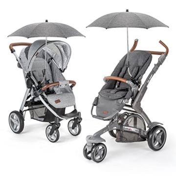 Universal Sonnenschirm Sonnenschutz für Kinderwagen & Buggy - UV Schutz 50+ / 73 cm Durchmesser / biegsam / Universalhalterung für Rund- und Ovalrohre - Melange Grau - 6