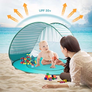 Yalojan Baby Strandzelt mit eingebautem Pool, Tragbares Leichtes Pop-up Baby Strand Zelt, Markise UPF 50+, geeignet für Kinder von 0 bis 3 Jahren, bietet Platz für 1-2 Kinder. (Grüner Streifen) - 2