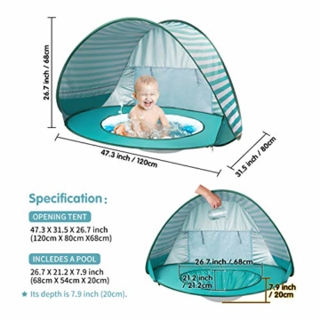 Yalojan Baby Strandzelt mit eingebautem Pool, Tragbares Leichtes Pop-up Baby Strand Zelt, Markise UPF 50+, geeignet für Kinder von 0 bis 3 Jahren, bietet Platz für 1-2 Kinder. (Grüner Streifen) - 5