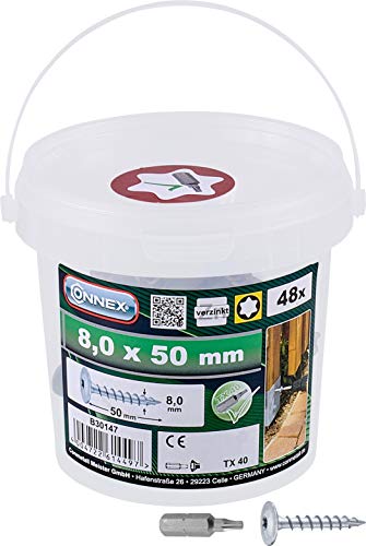 Connex Pfostenschrauben 8,0 x 50 mm - 48 Stück - TX Torx-Antrieb - Vollgewinde - Zur Befestigung von Beschlägen & Verbindern - Inkl. Bit / Pfostenverbinder-Schraube / Schrauben-Eimer / B30147 - 1