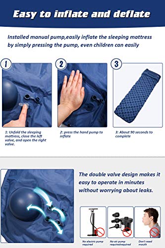 Volador Selbstaufblasbare Isomatte, Handpresse Aufblasbare Ultralight Isomatten Camping Schlafmatte, wasserdichte Feuchtigkeitsbeständige Campingmatratze, Luftmatratze kompakte für Outdoor Dunkelblau - 2