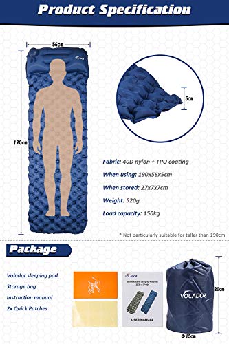 Volador Selbstaufblasbare Isomatte, Handpresse Aufblasbare Ultralight Isomatten Camping Schlafmatte, wasserdichte Feuchtigkeitsbeständige Campingmatratze, Luftmatratze kompakte für Outdoor Dunkelblau - 7