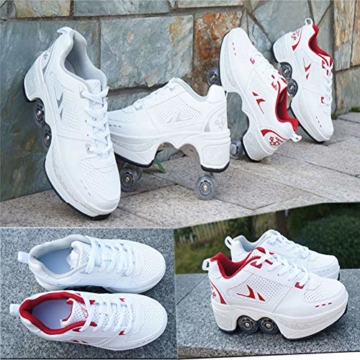 WYEING. Deformation Roller Schuhe Kinder Studenten Roller Schuhe Skateboard Schuhe Skating Outdoor Sports Rollschuhe Lazy Travel,Weiß,38 - 8