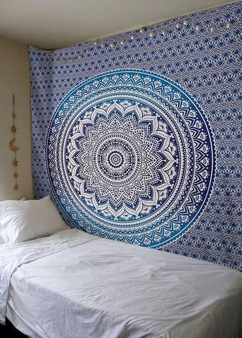 Aakriti Gallery Tapestry Queen Ombre Hippie Tapestries Mandala Bohemian Psychedelic Intricate Indian Bedspread 92x82 Inches (Blue) - 2