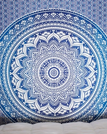 Aakriti Gallery Tapestry Queen Ombre Hippie Tapestries Mandala Bohemian Psychedelic Intricate Indian Bedspread 92x82 Inches (Blue) - 3