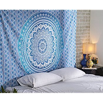 Aakriti Gallery Tapestry Queen Ombre Hippie Tapestries Mandala Bohemian Psychedelic Intricate Indian Bedspread 92x82 Inches (Blue) - 1