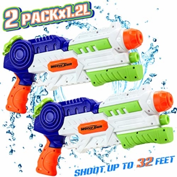 lenbest Wasserpistole, 2 Pack Wasser Blaster, 1.2L Großer Kapazität & 10 Meter Reichweite, Super Squirt Wasserpistolen - Sommer Partys, Pool, Garten Wasser Geschenk für Kinder Jungen Mädchen - 1