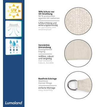 Lumaland Sonnensegel inkl. Befestigungsseile, 100% HDPE mit Stabilisator für UV Schutz, Rechteck 2 x 3 Meter Creme - 3