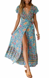 ECOWISH Damen Kleider Boho Sommerkleid V-Ausschnitt Maxikleid Kurzarm Strandkleid Lang mit Schlitz Grün XL - 1