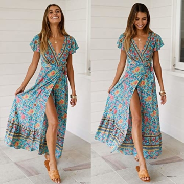 ECOWISH Damen Kleider Boho Sommerkleid V-Ausschnitt Maxikleid Kurzarm Strandkleid Lang mit Schlitz Grün XL - 4