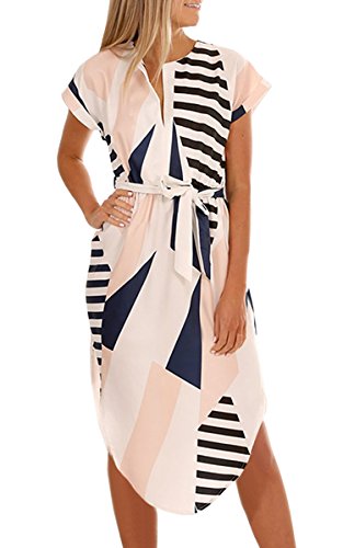 ECOWISH Sommerkleider Damen Kurzarm V-Ausschnitt Strand Blumen Kleider Abendkleid Knielang Beige L - 1