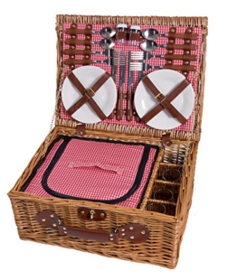 eGenuss LY12041 Handgefertigtes Picknickkorb für 4 Personen mit Kühlfach - Inklusive Edelstahlbesteck, Kühlfach, Weingläser und Keramikteller - Rotes Gingham-Muster 47x34x20 cm - 1