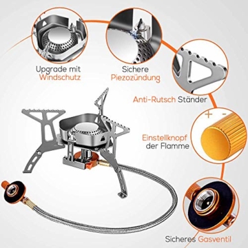 HIKENTURE Gaskocher mit Piezozündung, Winddichter Camping Kocher 3500W, Faltbarer Campingkocher Gasbrenner für Coleman Primus Kartusche, Kocher Gas Windschutz mit Tragebox für Hiking, Picnic, Outdoor - 3