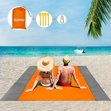ISOPHO Picknickdecke 200 x 210 cm Stranddecke Wasserdicht, Strandmatte 4 Befestigung Ecken Stranddecke Sandfrei/Picknick für den Strand, Campen, Wandern und Ausflüge(Orange) - 1