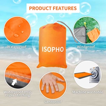 ISOPHO Picknickdecke 200 x 210 cm Stranddecke Wasserdicht, Strandmatte 4 Befestigung Ecken Stranddecke Sandfrei/Picknick für den Strand, Campen, Wandern und Ausflüge(Orange) - 7