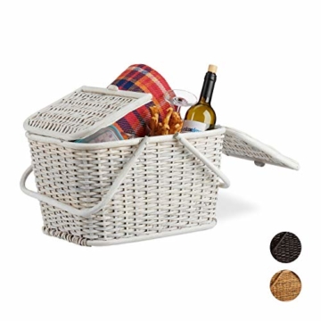 Relaxdays, Weiß Picknickkorb mit Deckel, geflochten, Stoffbezug, Henkel, großer Tragekorb, stabil, handgefertigt, Rattan, 25 Liter - 1