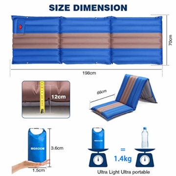 SGODDE Isomatte, 3-faltbar Handpresse Aufblasbare Matratzen, Erweiterbar 12 cm dick Camping Selbstaufblasbare Luftmatratze, Ultraleicht und Tragbare,Wasserdicht und Rutschfest Schlafmatte 198*70*12cm - 3