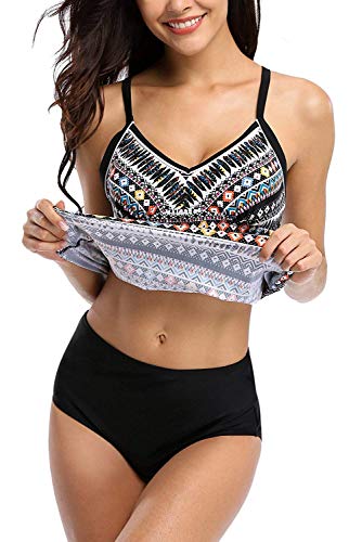 Attraco Damen Two Piece Tribal Tankini Set Mit Schwarzem Slip Azteken, Schwarz, 42/L - 2