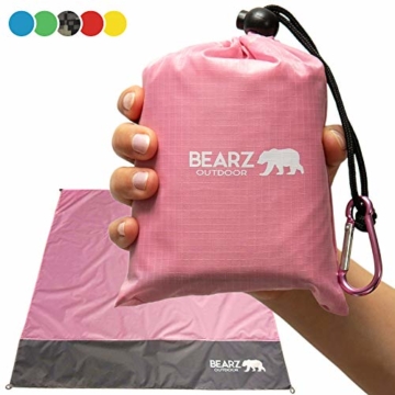 BEARZ Outdoor Kompakte Picknickdecke - Stranddecke, wasserdichte Decke für Ausflüge, Leichte Camping Regenplane, Musikfestival Ausrüstung, Matte für Wandern, Sport & Strand. Mit eigenem Beutel (Rosa) - 1