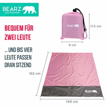 BEARZ Outdoor Kompakte Picknickdecke - Stranddecke, wasserdichte Decke für Ausflüge, Leichte Camping Regenplane, Musikfestival Ausrüstung, Matte für Wandern, Sport & Strand. Mit eigenem Beutel (Rosa) - 6