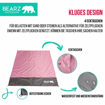 BEARZ Outdoor Kompakte Picknickdecke - Stranddecke, wasserdichte Decke für Ausflüge, Leichte Camping Regenplane, Musikfestival Ausrüstung, Matte für Wandern, Sport & Strand. Mit eigenem Beutel (Rosa) - 7