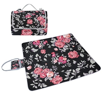 Coosun Picknickdecke mit Rosenmuster, Rosa / Schwarz, handliche Matte, schimmelresistent und wasserdicht, Campingmatte für Picknicks, Strand, Wandern, Reisen, Reisen und Ausflüge - 1