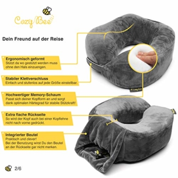 Cozy Bee Nackenkissen - Bequemes Memory-Schaum-Foam Nackenhörnchen - Reisekissen für Flugzeug und Auto Reisen - Waschbar - Grau - 2
