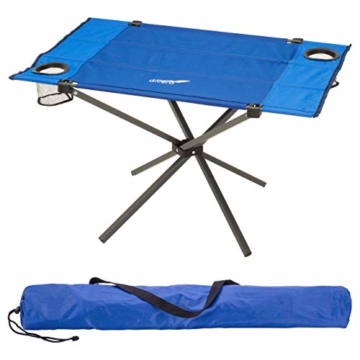 Divero Campingtisch Falt-Tisch faltbar mit Getränkehalter und Transport-Tasche – Polyester Aluminium – Farbe: Rahmen hellgrau - Bespannung blau - 1