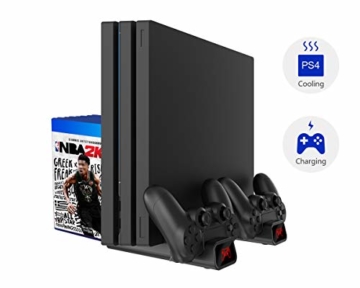ElecGear Playstation Vertikaler Ständer Ladestation, Lüfter Kühler Standfuß, 10x Blu-ray Spiele Hüllen Halterung Stand mit Dual Charger Ladegerät für DualShock 4 Controller und PS4, PS4 Slim, PS4 Pro - 3