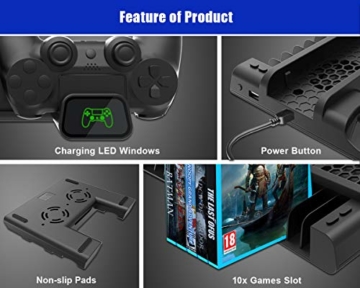 ElecGear Playstation Vertikaler Ständer Ladestation, Lüfter Kühler Standfuß, 10x Blu-ray Spiele Hüllen Halterung Stand mit Dual Charger Ladegerät für DualShock 4 Controller und PS4, PS4 Slim, PS4 Pro - 7
