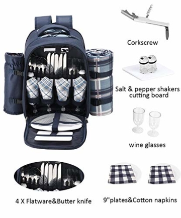 Eono by Amazon - 4 Personen Picknickrucksack Kühltasche mit Geschirrset & Decke, Blau, L - 3