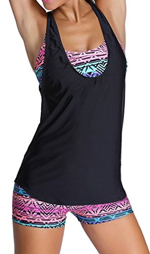EUDOLAH Damen Sport Yoga Fitness 3-Teilig Tankini mit Shorts Strand Bikini Set mit Tops (L (EU 38-40), A-Schwarz) - 3