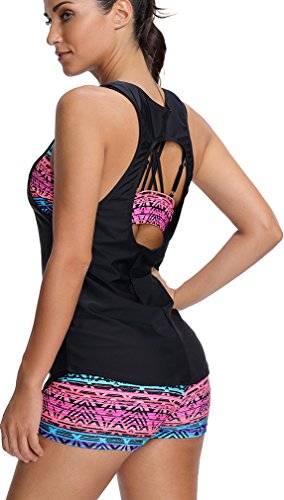 EUDOLAH Damen Sport Yoga Fitness 3-Teilig Tankini mit Shorts Strand Bikini Set mit Tops (L (EU 38-40), A-Schwarz) - 4
