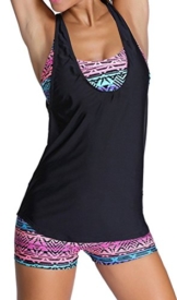 EUDOLAH Damen Sport Yoga Fitness 3-Teilig Tankini mit Shorts Strand Bikini Set mit Tops (M (EU 36-38), A-Schwarz) - 1