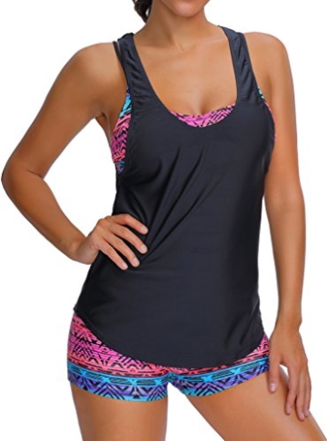 EUDOLAH Damen Sport Yoga Fitness 3-Teilig Tankini mit Shorts Strand Bikini Set mit Tops (M (EU 36-38), A-Schwarz) - 7