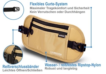 Flache Bauchtasche Hüfttasche mit RFID-Blockierung und 1 Hüftgurt für Damen und Herren - enganliegend und wasserdicht - Geldgürtel zum Sport, Reisen und Joggen | VAN BEEKEN Money Belt Beige - 4