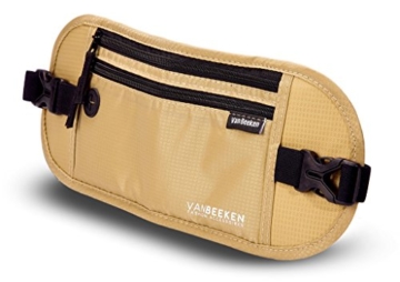 Flache Bauchtasche Hüfttasche mit RFID-Blockierung und 1 Hüftgurt für Damen und Herren - enganliegend und wasserdicht - Geldgürtel zum Sport, Reisen und Joggen | VAN BEEKEN Money Belt Beige - 1