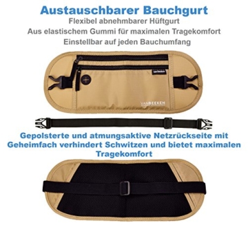 Flache Bauchtasche Hüfttasche mit RFID-Blockierung und 1 Hüftgurt für Damen und Herren - enganliegend und wasserdicht - Geldgürtel zum Sport, Reisen und Joggen | VAN BEEKEN Money Belt Beige - 6