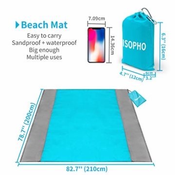 ISOPHO Picknickdecke 200 x 210 cm Stranddecke Wasserdicht, Strandmatte 4 Befestigung Ecken Stranddecke Sandfrei/Picknick für den Strand, Campen, Wandern und Ausflüge(Blau) - 3