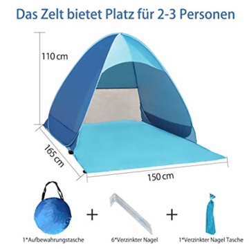 Karvipark Strandmuschel, Tragbar Extra Light Strandzelt, Sun Shelter für 2-3 Personen, Einschließlich Tragetasche und Zeltpflöcke, UV-Schutz, Beach Zelt für Familie, Strand, Garten, Camping (Blau) - 2