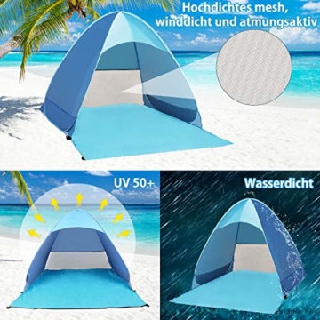 Karvipark Strandmuschel, Tragbar Extra Light Strandzelt, Sun Shelter für 2-3 Personen, Einschließlich Tragetasche und Zeltpflöcke, UV-Schutz, Beach Zelt für Familie, Strand, Garten, Camping (Blau) - 6