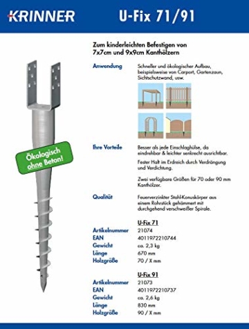 Krinner Bodenhülse U-Fix 91 (Eindrehbodenhülse für Kanthölzer, Pfostenträger, Länge 830 mm, für Holzgröße 90 / X mm) 21073, feuerverzinkt - 5