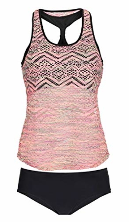 LA ORCHID Laorchid Damen Tankini Zweiteiler Push Up Bademode bügellos Mesh Weste Badeanzug Rosa XL - 1